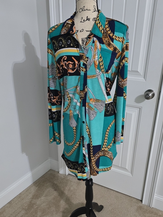 Dresses & Skirts - Teal Chain-Print Long Sleeve Shirt Dress
